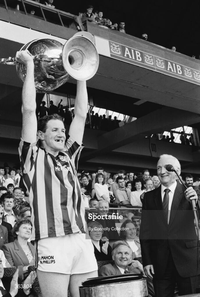 21 July 1991; Kilkenny captain Christy Heffernan lifts the Bob O'Keeffe cup in the company of Leinster Council Chairman Jimmy Gray. Leinster Senior Hurling Championship Final, Dublin v Kilkenny, Croke Park, Dublin. Picture credit; Connolly Collection / SPORTSFILE