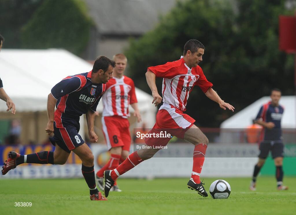 2 July 2009; Brian Cash, Sligo Rovers, in action against Amarildo Belisha, KS Vllaznia Shkoder. Europa League, 1st Qualifying Round, 1st Leg, Sligo Rovers v KS Vllaznia Shkoder, Showgrounds, Sligo. Picture credit: Brian Lawless / SPORTSFILE