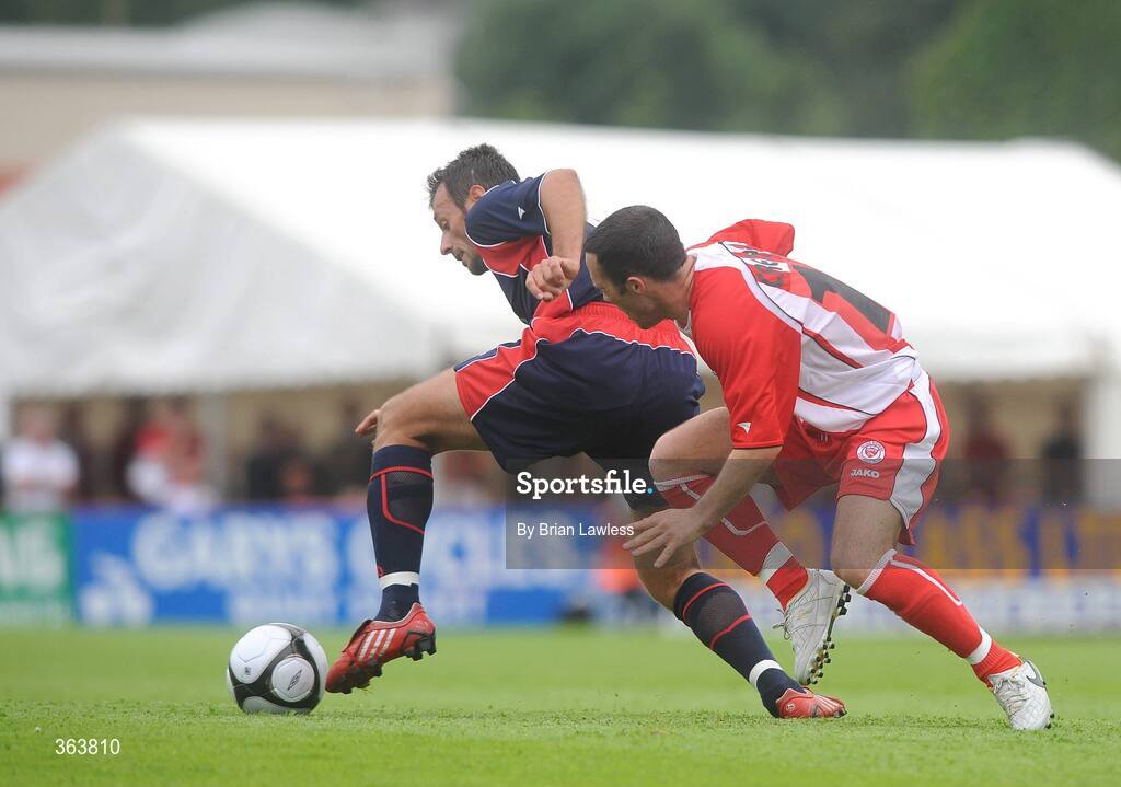 2 July 2009; Amarildo Belisha, KS Vllaznia Shkoder, in action against Raffaele Cretaro, Sligo Rovers. Europa League, 1st Qualifying Round, 1st Leg, Sligo Rovers v KS Vllaznia Shkoder, Showgrounds, Sligo. Picture credit: Brian Lawless / SPORTSFILE