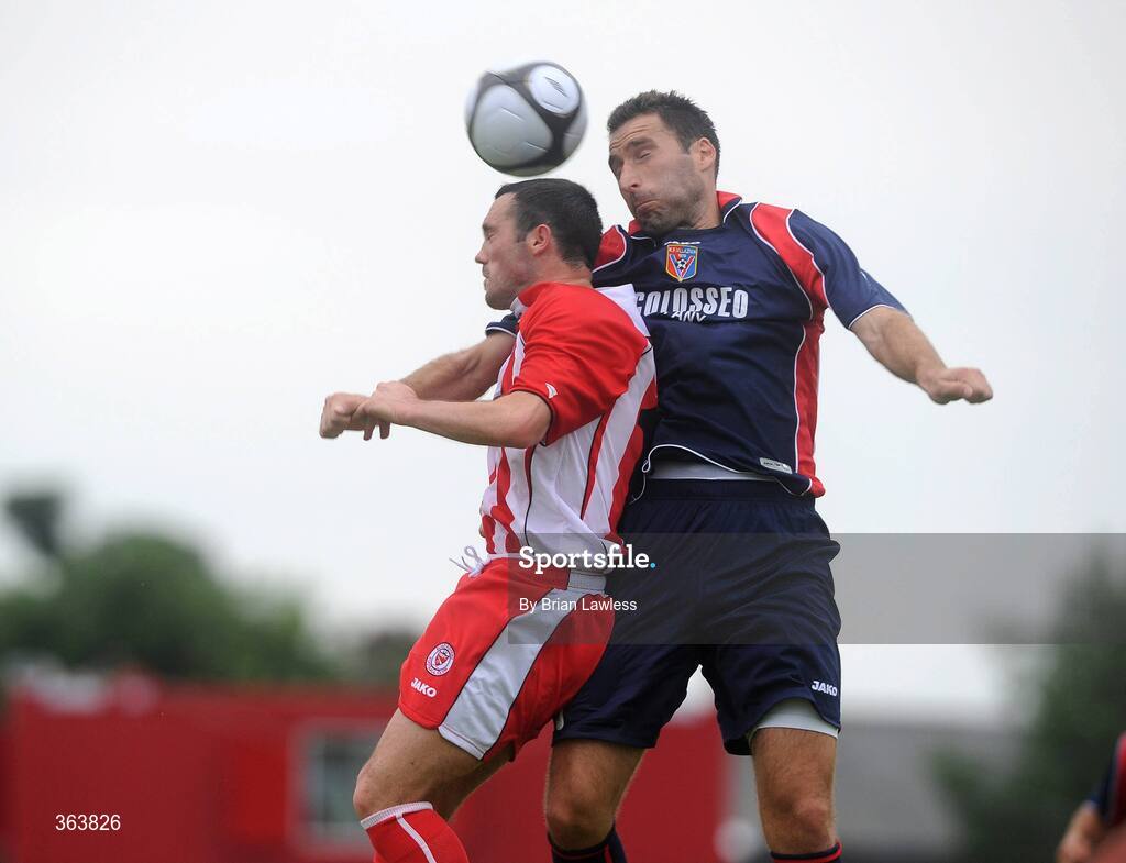 2 July 2009; Raffaele Cretaro, Sligo Rovers, in action against Zelijko Mrvaljevic, KS Vllaznia Shkoder. Europa League, 1st Qualifying Round, 1st Leg, Sligo Rovers v KS Vllaznia Shkoder, Showgrounds, Sligo. Picture credit: Brian Lawless / SPORTSFILE