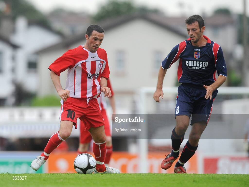 2 July 2009; Raffaele Cretaro, Sligo Rovers, in action against Amarildo Belisha, KS Vllaznia Shkoder. Europa League, 1st Qualifying Round, 1st Leg, Sligo Rovers v KS Vllaznia Shkoder, Showgrounds, Sligo. Picture credit: Brian Lawless / SPORTSFILE