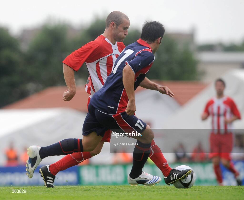 2 July 2009; Alan Keane, Sligo Rovers, in action against Jasmin Rraboshta, KS Vllaznia Shkoder. Europa League, 1st Qualifying Round, 1st Leg, Sligo Rovers v KS Vllaznia Shkoder, Showgrounds, Sligo. Picture credit: Brian Lawless / SPORTSFILE
