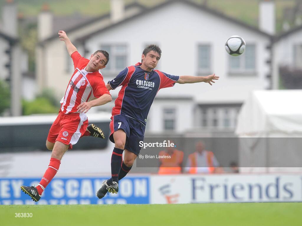 2 July 2009; Noricim Shtubina, KS Vllaznia Shkoder, in action against Brian Cash, Sligo Rovers. Europa League, 1st Qualifying Round, 1st Leg, Sligo Rovers v KS Vllaznia Shkoder, Showgrounds, Sligo. Picture credit: Brian Lawless / SPORTSFILE