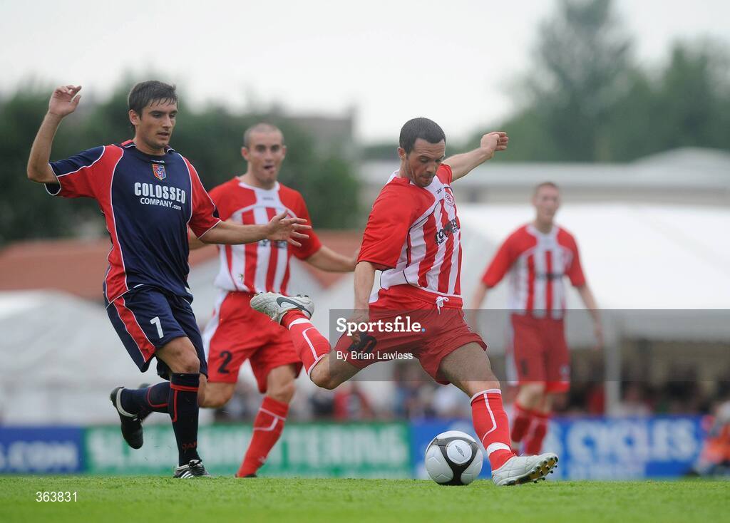 2 July 2009; Raffaele Cretaro, Sligo Rovers, in action against Noricim Shtubina, KS Vllaznia Shkoder. Europa League, 1st Qualifying Round, 1st Leg, Sligo Rovers v KS Vllaznia Shkoder, Showgrounds, Sligo. Picture credit: Brian Lawless / SPORTSFILE