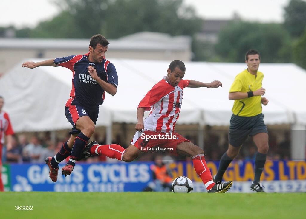 2 July 2009; Romuald Boco, Sligo Rovers, in action against Amarildo Belisha, KS Vllaznia Shkoder. Europa League, 1st Qualifying Round, 1st Leg, Sligo Rovers v KS Vllaznia Shkoder, Showgrounds, Sligo. Picture credit: Brian Lawless / SPORTSFILE