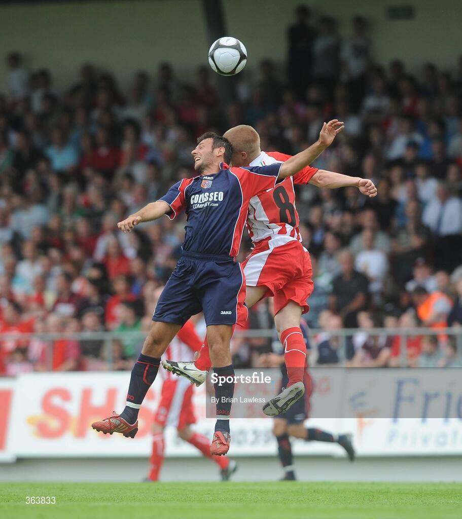 2 July 2009; Amarildo Belisha, KS Vllaznia Shkoder, in action against Richard Ryan, Sligo Rovers. Europa League, 1st Qualifying Round, 1st Leg, Sligo Rovers v KS Vllaznia Shkoder, Showgrounds, Sligo. Picture credit: Brian Lawless / SPORTSFILE