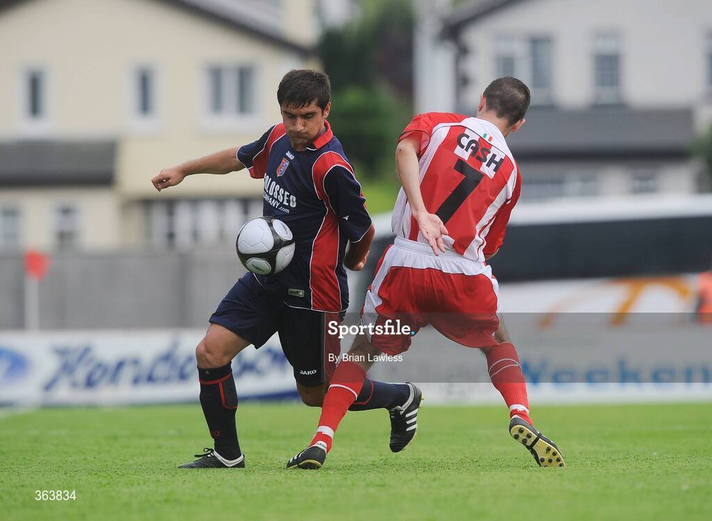 2 July 2009; Noricim Shtubina, KS Vllaznia Shkoder, in action against Brian Cash, Sligo Rovers. Europa League, 1st Qualifying Round, 1st Leg, Sligo Rovers v KS Vllaznia Shkoder, Showgrounds, Sligo. Picture credit: Brian Lawless / SPORTSFILE