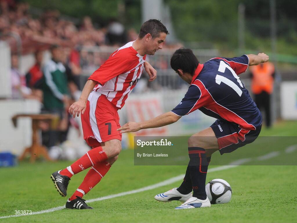 2 July 2009; Brian Cash, Sligo Rovers, in action against Jasmin Rraboshta, KS Vllaznia Shkoder. Europa League, 1st Qualifying Round, 1st Leg, Sligo Rovers v KS Vllaznia Shkoder, Showgrounds, Sligo. Picture credit: Brian Lawless / SPORTSFILE