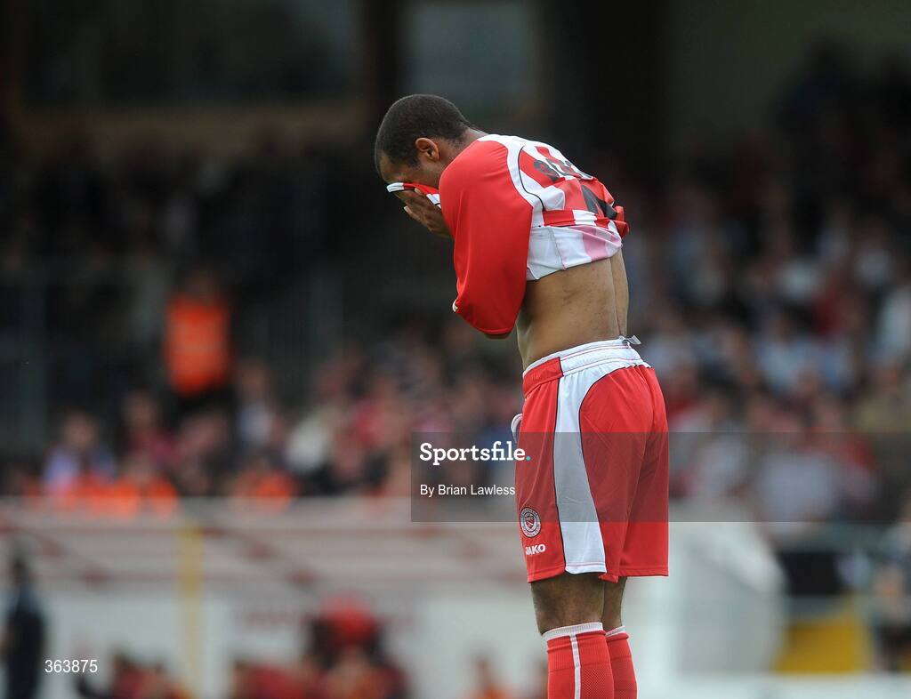 2 July 2009; Romuald Boco, Sligo Rovers, reacts to a missed chance. Europa League, 1st Qualifying Round, 1st Leg, Sligo Rovers v KS Vllaznia Shkoder, Showgrounds, Sligo. Picture credit: Brian Lawless / SPORTSFILE