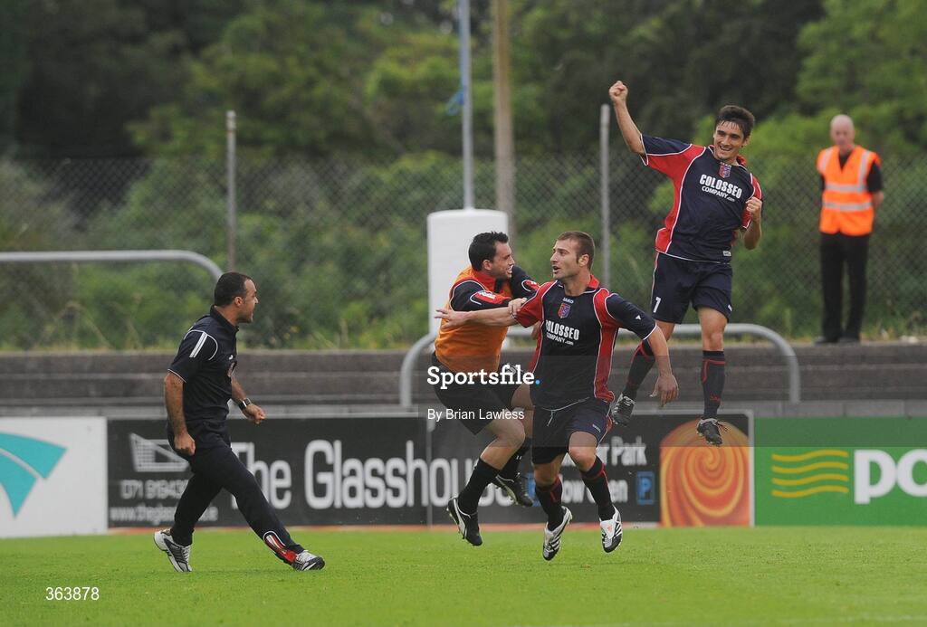 2 July 2009; KS Vllaznia Shkoder's Dritan Smajli, second from right, celebrates with team-mates after scoring his side's first goal. Europa League, 1st Qualifying Round, 1st Leg, Sligo Rovers v KS Vllaznia Shkoder, Showgrounds, Sligo. Picture credit: Brian Lawless / SPORTSFILE