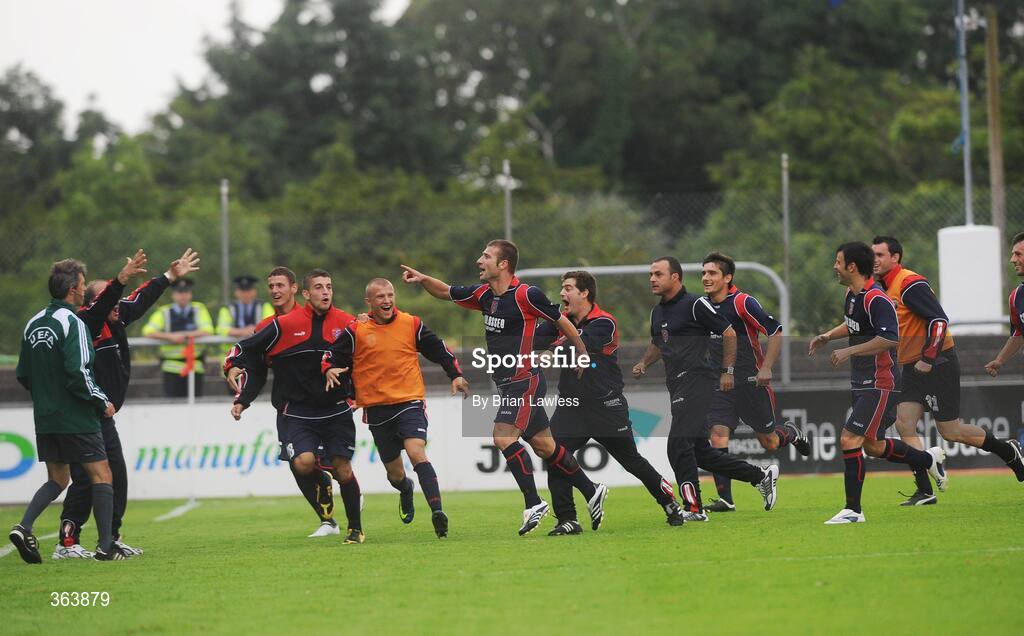 2 July 2009; KS Vllaznia Shkoder's Dritan Smajli, centre, celebrates with team-mates after scoring his side's first goal. Europa League, 1st Qualifying Round, 1st Leg, Sligo Rovers v KS Vllaznia Shkoder, Showgrounds, Sligo. Picture credit: Brian Lawless / SPORTSFILE