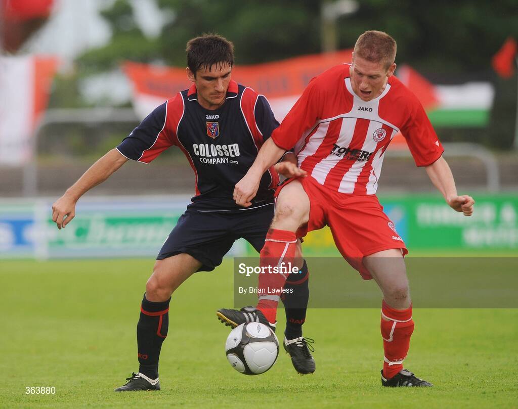 2 July 2009; Conor O'Grady, Sligo Rovers, in action against Noricim Shtubina, KS Vllaznia Shkoder. Europa League, 1st Qualifying Round, 1st Leg, Sligo Rovers v KS Vllaznia Shkoder, Showgrounds, Sligo. Picture credit: Brian Lawless / SPORTSFILE