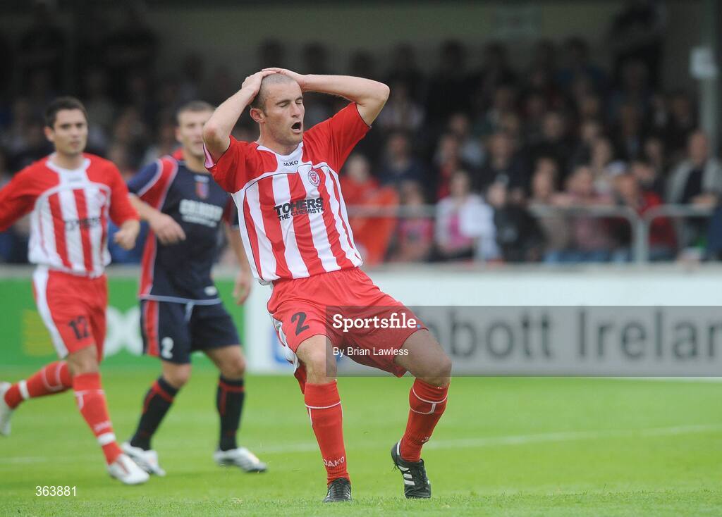 2 July 2009; Alan Keane, Sligo Rovers, reacts after missing a penalty. Europa League, 1st Qualifying Round, 1st Leg, Sligo Rovers v KS Vllaznia Shkoder, Showgrounds, Sligo. Picture credit: Brian Lawless / SPORTSFILE