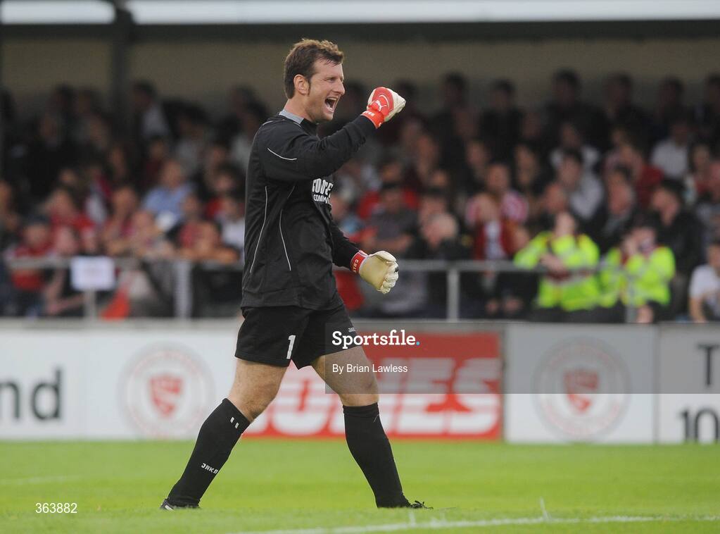 2 July 2009; Armir Grimaj, KS Vllaznia Shkoder, celebrates his side's second goal. Europa League, 1st Qualifying Round, 1st Leg, Sligo Rovers v KS Vllaznia Shkoder, Showgrounds, Sligo. Picture credit: Brian Lawless / SPORTSFILE