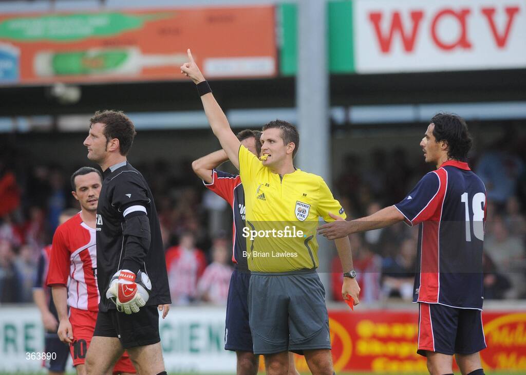 2 July 2009; KS Vllaznia Shkoder goalkeeper Armir Grimaj is sent off by referee Christof Virant. Europa League, 1st Qualifying Round, 1st Leg, Sligo Rovers v KS Vllaznia Shkoder, Showgrounds, Sligo. Picture credit: Brian Lawless / SPORTSFILE