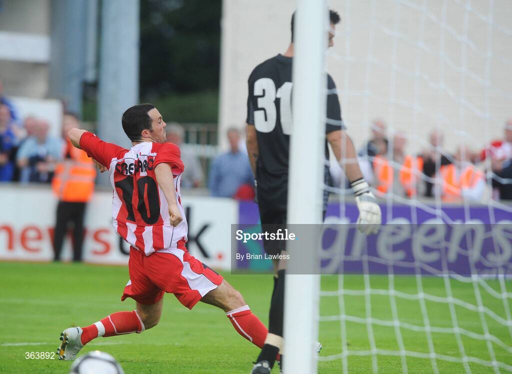 2 July 2009; Raffaele Cretaro, Sligo Rovers, celebrates after scoring his side's first goal from the penalty spot. Europa League, 1st Qualifying Round, 1st Leg, Sligo Rovers v KS Vllaznia Shkoder, Showgrounds, Sligo. Picture credit: Brian Lawless / SPORTSFILE