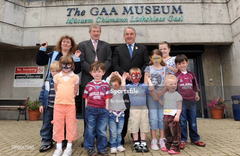 26 August 2008; The GAA museum celebrates its 10th birthday this month with a full calendar of events to mark the occasion. Today is the official birthday celebration and visitors young and old attended Croke Park for a day of activities. Pictured is Ard Stiurthoir of the GAA, Paraic Duffy and President of the GAA Nickey Brennan with, from left, Muriel Hughes, Walkinstown, Curtis Brady, Walkinstown, Emily Troy, Lucan, Conor Hynes, Athlone, Jessica Moffitt, Walkinstown, Cormac O'Raghallaigh, Tallaght, Caoimhe Ni Raghallaigh, Tallaght, Aoibhin Ni Raghallaigh, Tallaght, Ann-Marie Murphy, Walkinstown and Cian Hynes, Athlone at the GAA Museum 10 Year Anniversary Day. GAA Museum, Croke Park, Dublin. Photo by Sportsfile