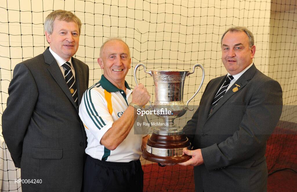 31 October 2008; Ireland manager Sean Boylan, Ard Stiurthoir of the GAA Paraic Duffy, left, and GAA President Nickey Brennan with the Cormac McAnallen Cup after their victory over Australia. Toyota International Rules Series, Australia v Ireland, Melbourne Cricket Ground, Melbourne, Australia. Picture credit: Ray McManus / SPORTSFILE