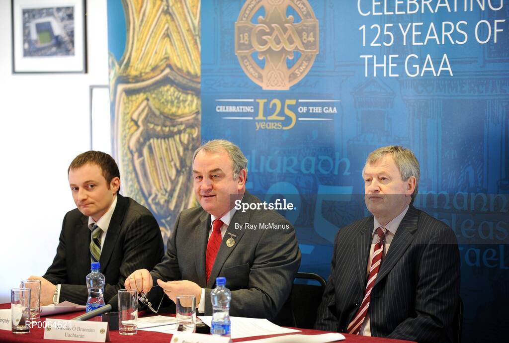 1 December 2008; Ronan Murphy, GAA Ticketing Manager, left, GAA President Nickey Brennan and Ard Stiurthoir of the GAA Paraic Duffy, right, at the launch of the GAA's 125th anniversary Calendar of Events and GAA Season Ticket. Croke Park, Dublin. Picture credit: Ray McManus / SPORTSFILE