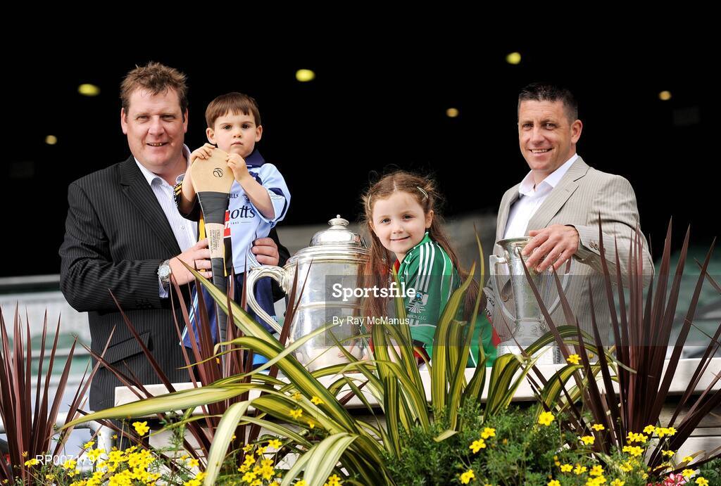 1 July 2009; TV3 panellists Daithi Regan, hurling, with Oscar Holden, 2 and 1/2 years, and Senan Connell, right, and five-year-old Chloe Danton at the TV3 Silverware Sunday photocall. Croke Park, Dublin. Picture credit: Ray McManus / SPORTSFILE