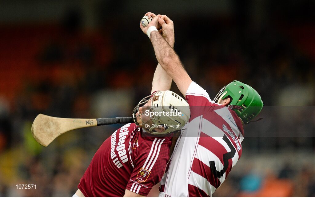 25 October 2015; Danny McNaughton, Cushendall, in action against Sean Cassidy, Slaughtneil. AIB GAA Hurling Ulster GAA Senior Club Championship Final, Cushendall v Slaughtneil. Athletic Grounds, Armagh. Picture credit: Oliver McVeigh / SPORTSFILE