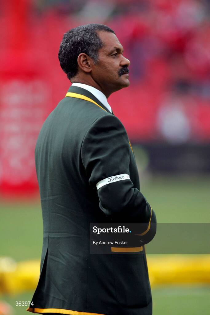 4 July 2009; South Africa coach Peter de Villiers wears an armband representing his discontent with Bakkies Botha 's suspension. 3rd Test, South Africa v British and Irish Lions, Ellis Park, Johannesburg, South Africa. Picture credit: Andrew Fosker / SPORTSFILE