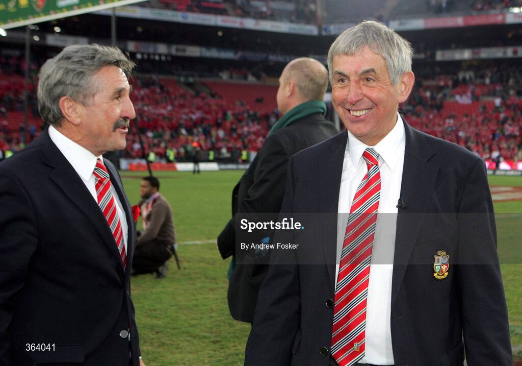 4 July 2009; British and Irish Lions' team manager Gerald Davies, left, and head coach Ian McGeechan celebrate their side's victory. 3rd Test, South Africa v British and Irish Lions, Ellis Park, Johannesburg, South Africa. Picture credit: Andrew Fosker / SPORTSFILE