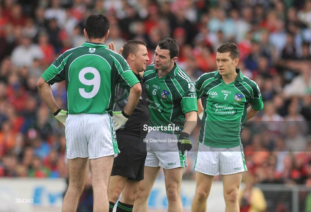 5 July 2009; Limerick's Stephen Lucey remonstrates with referee Rory Hickey after he awarded a first half penalty to Cork. GAA Football Munster Senior Championship Final, Limerick v Cork, Pairc Ui Chaoimh, Cork. Picture credit: Diarmuid Greene / SPORTSFILE
