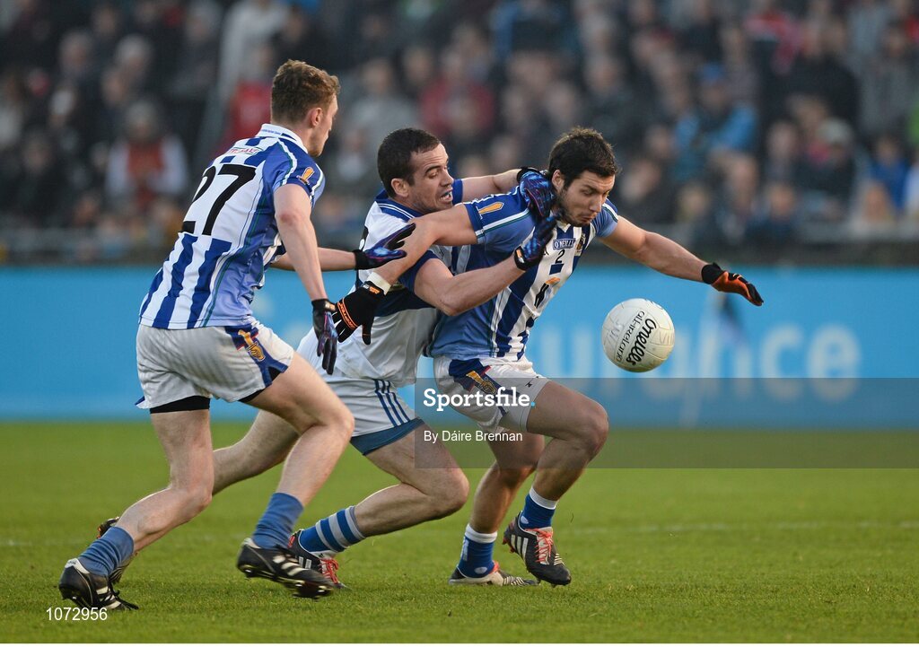 1 November 2015; Bob Dwan, right, and Aran Waters, Ballyboden St Endas, in action against Ger Brennan, St Vincents GAA. Dublin County Senior Football Championship Final, St Vincents GAA v Ballyboden St Endas. Parnell Park, Donnycarney, Dublin. Picture credit: Dáire Brennan / SPORTSFILE