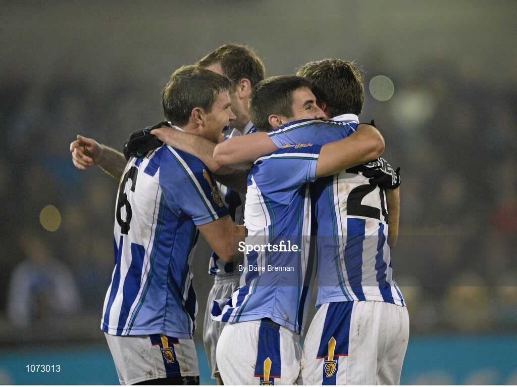 1 November 2015; Ballyboden St. Enda's players, left to right, Darragh Nelson, Andrew Kerin, Shane Clayton, and Robbie McDaid celebrate at the final whistle. Dublin County Senior Football Championship Final, St Vincents GAA v Ballyboden St Endas. Parnell Park, Donnycarney, Dublin. Picture credit: Dáire Brennan / SPORTSFILE