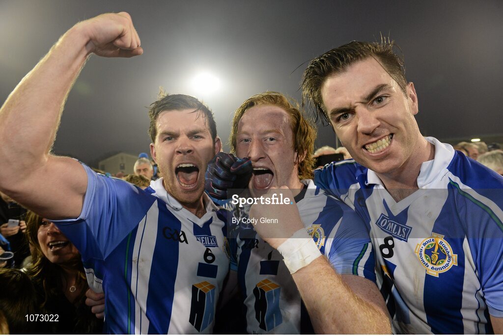 1 November 2015; Darragh Nelson, from left, Darren O'Reilly, and Michael Darragh Macauley, Ballyboden St Endas, celebrate after the game. Dublin County Senior Football Championship Final, St Vincents GAA v Ballyboden St Endas. Parnell Park, Donnycarney, Dublin. Picture credit: Cody Glenn / SPORTSFILE