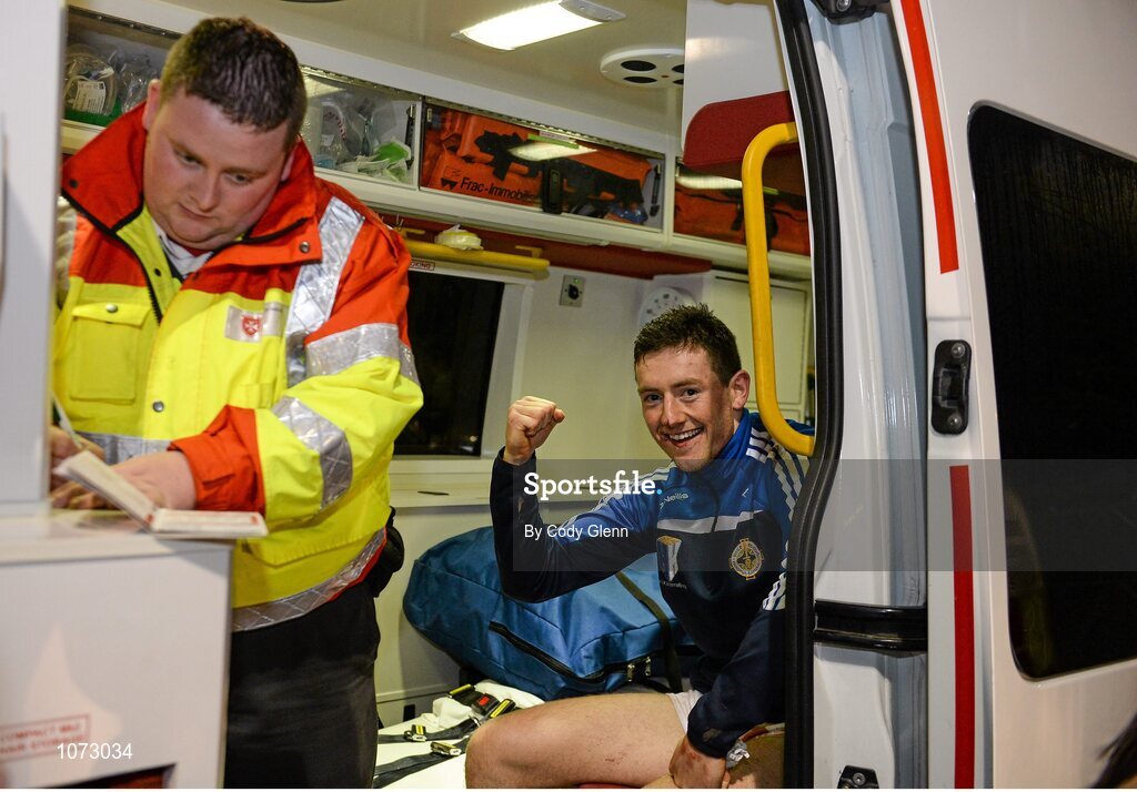1 November 2015; Ryan Basquel, Ballyboden St Endas, who was injured during the match, celebrates from the ambulance after the game. Dublin County Senior Football Championship Final, St Vincents GAA v Ballyboden St Endas. Parnell Park, Donnycarney, Dublin. Picture credit: Cody Glenn / SPORTSFILE