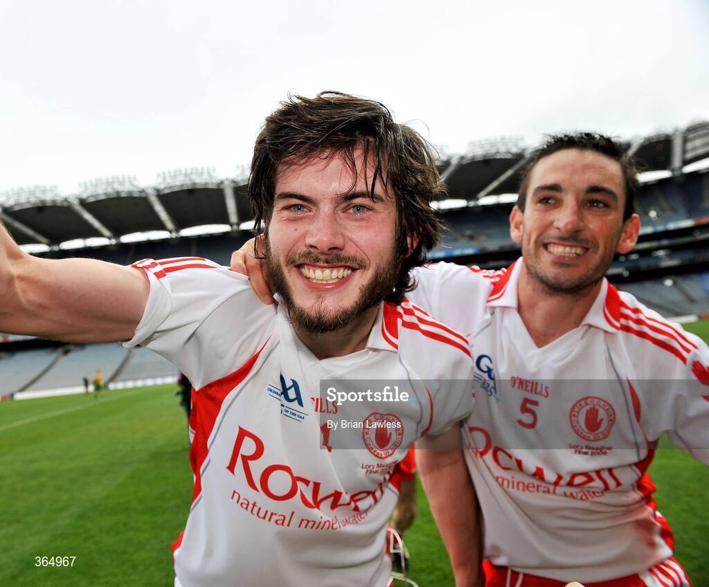 11 July 2009; Tyrone's Rory O'Neill, left, and Terry McIntosh celebrate after the match. Lory Meagher Cup Final, Tyrone v Donegal, Croke Park, Dublin. Picture credit: Brian Lawless / SPORTSFILE