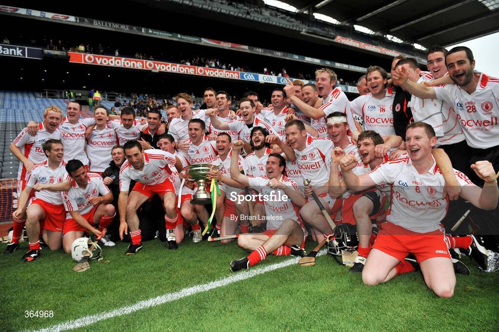 11 July 2009; The Tyrone team celebrate with the Lory Meagher Cup following the Lory Meagher Cup Final match between Tyrone and Donegal at Croke Park in Dublin. Photo by Brian Lawless/Sportsfile