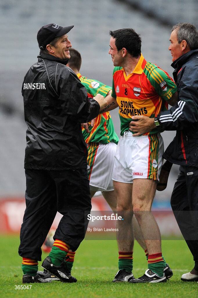 11 July 2009; Carlow manager Kevin Ryan celebrates with James Hickey after the match. Christy Ring Cup Final, Carlow v Down, Croke Park, Dublin. Picture credit: Brian Lawless / SPORTSFILE