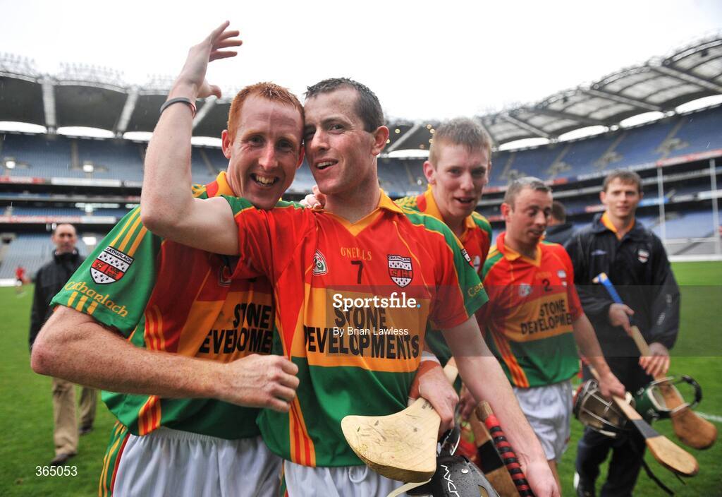 11 July 2009; Carlow players, from left, Edward Coady, Derek Byrne, Eddie Byrne, and Willie Hickey, after victory over Down. Christy Ring Cup Final, Carlow v Down, Croke Park, Dublin. Picture credit: Brian Lawless / SPORTSFILE