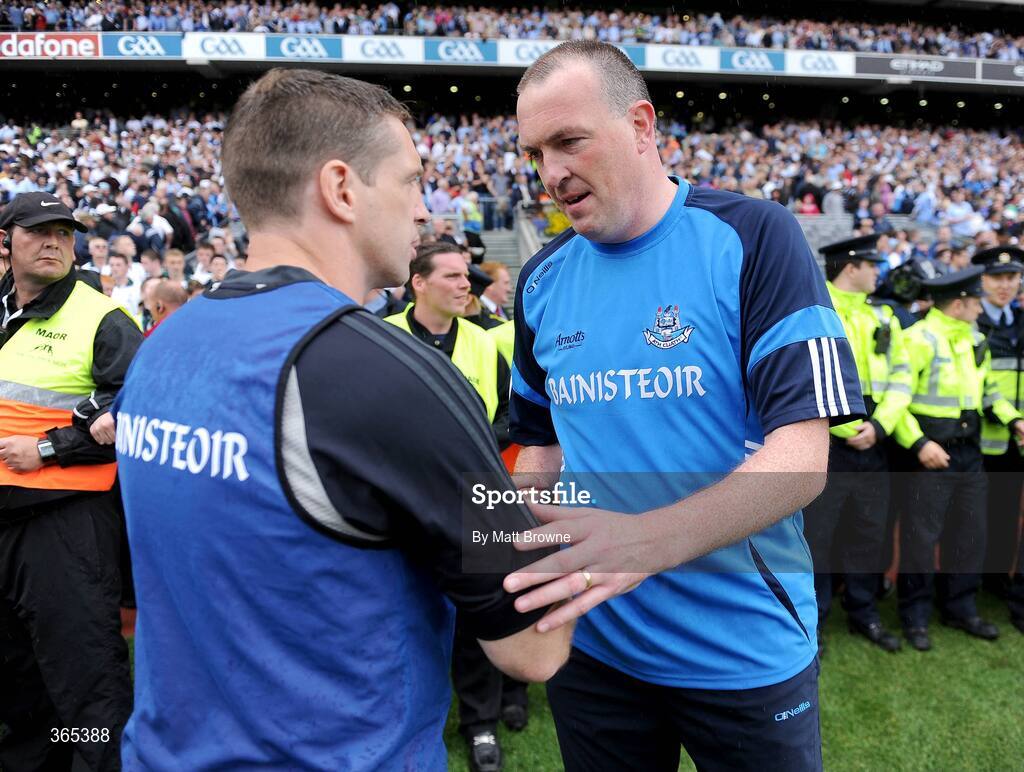 12 July 2009; Dublin manager Pat Gilroy with Kildare manager Kieran McGeeney after the final whistle. GAA Football Leinster Senior Championship Final, Dublin v Kildare, Croke Park, Dublin. Picture credit: Matt Browne / SPORTSFILE