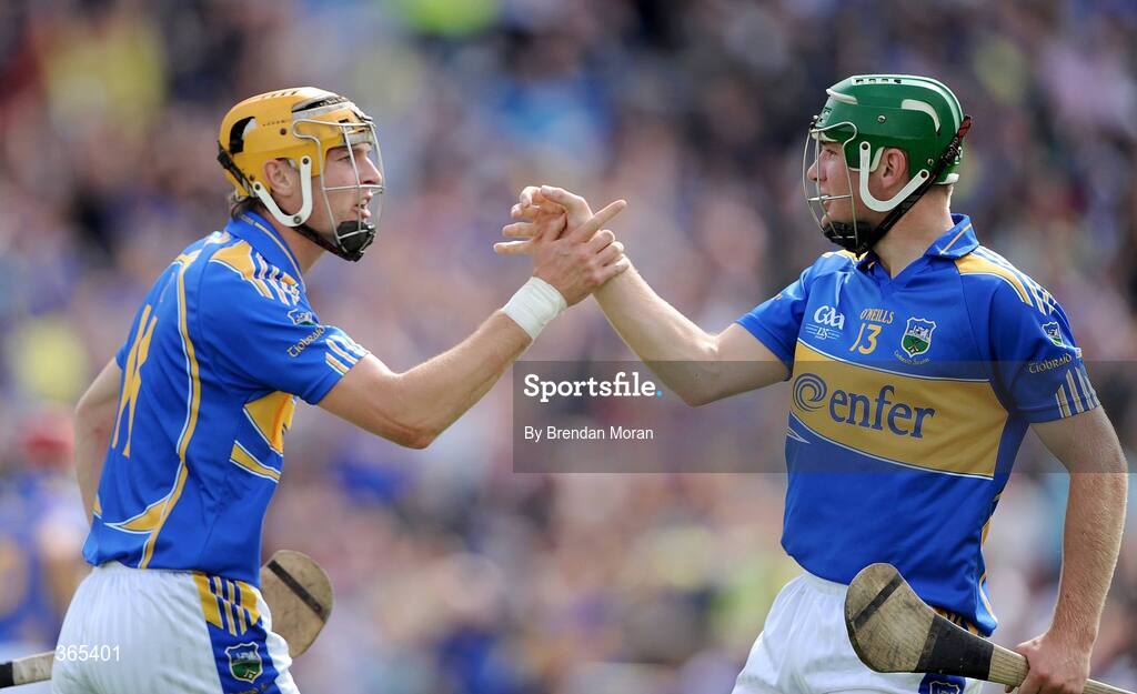 12 July 2009; Seamus Callanan, left, Tipperary, celebrates with team-mate Noel McGrath, after scoring their side's first goal. GAA Hurling Munster Senior Championship Final, Tipperary v Waterford, Semple Stadium, Thurles, Co. Tipperary. Picture credit: Brendan Moran / SPORTSFILE