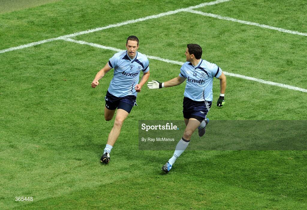 12 July 2009; Bernard Brogan, right, runs to congratulate Barry Cahill as he celebrates scoring the first of Dublin's two goals. GAA Football Leinster Senior Championship Final, Dublin v Kildare, Croke Park, Dublin. Picture credit: Ray McManus / SPORTSFILE
