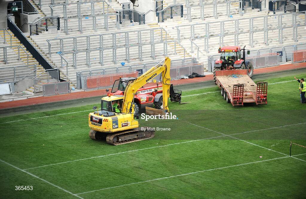 12 July 2009; Work commences on the pitch of Croke Park, shortly after the Leinster Football Final, in advance of upcoming concerts at the venue. GAA Football Leinster Senior Championship Final, Dublin v Kildare, Croke Park, Dublin. Picture credit: Matt Browne / SPORTSFILE