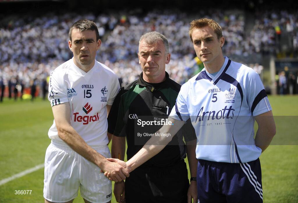 12 July 2009; Referee Pat McEnaney with Kildare captain John Doyle, left, and Dublin captain Paul Griffin before the game. GAA Football Leinster Senior Championship Final, Dublin v Kildare, Croke Park, Dublin. Picture credit: Oliver McVeigh / SPORTSFILE