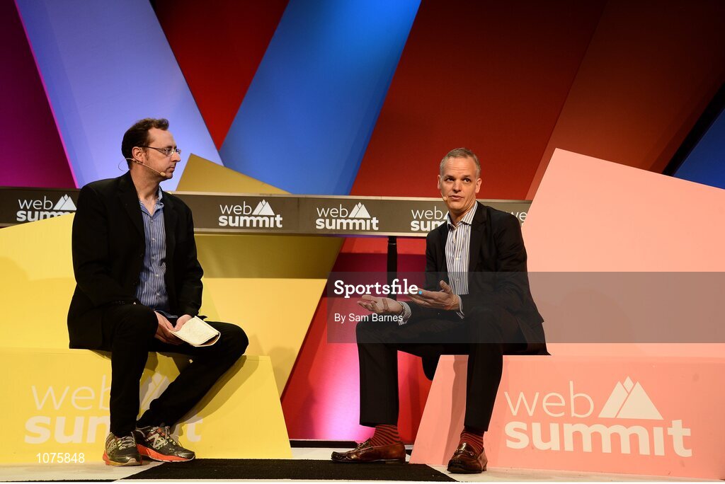 5 November 2015; Sean McDonald, right, McCann Worldgroup, responds to a question from Jim Edwards, Business Insider, on the Marketing Stage during Day 3 of the 2015 Web Summit in the RDS, Dublin, Ireland. Picture credit: Sam Barnes / SPORTSFILE / Web Summit