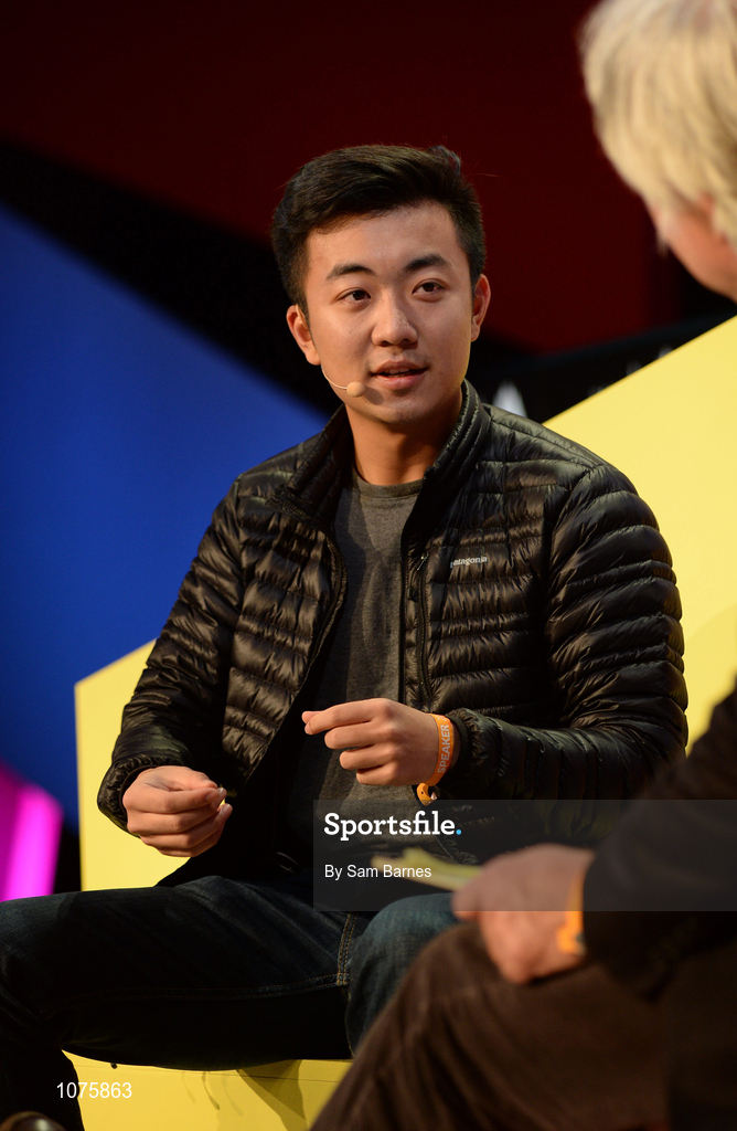 5 November 2015; Carl Pei, left, OnePlus, responds to a question from Spencer Reiss, WIRED Magazine, on the Marketing Stage during Day 3 of the 2015 Web Summit in the RDS, Dublin, Ireland. Picture credit: Sam Barnes / SPORTSFILE / Web Summit