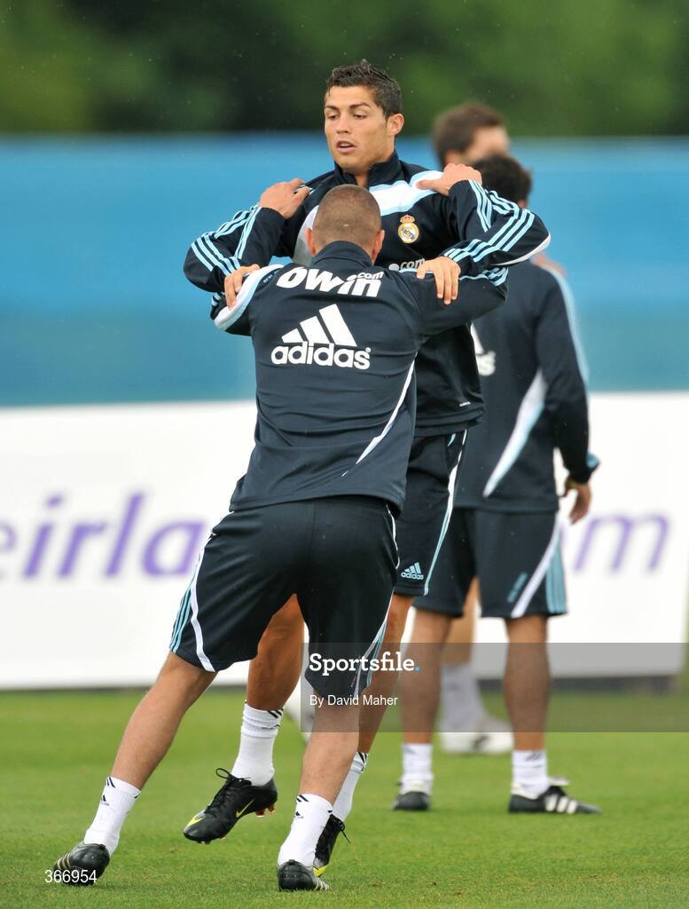 18 July 2009; Real Madrid's Cristiano Ronaldo and team-mate Karim Benzema in action during squad training. Real Madrid pre-season squad training, Carton House, Maynooth, Co. Kildare. Picture credit: David Maher / SPORTSFILE