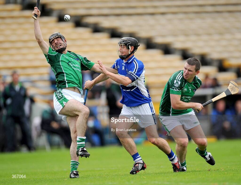 18 July 2009; Denis Moloney, left, and Mark Foley, Limerick, in action against John Brophy, Laois. GAA All-Ireland Senior Hurling Championship, Phase 3, Laois v Limerick, Semple Stadium, Thurles, Co. Tipperary. Picture credit: Brian Lawless / SPORTSFILE