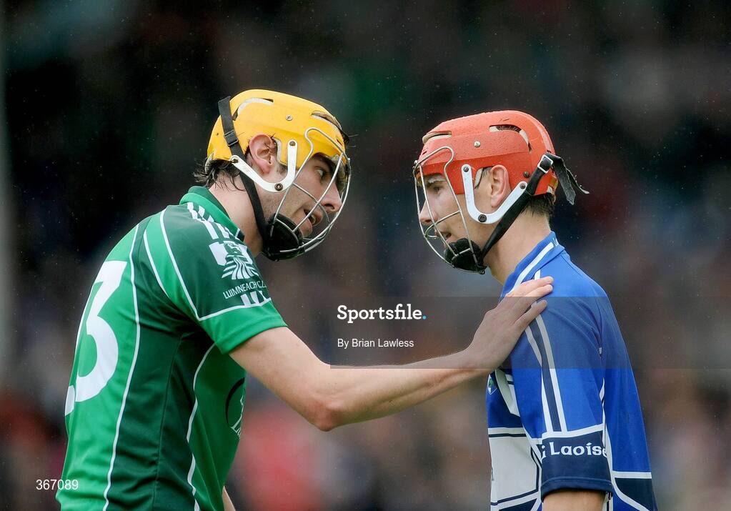 18 July 2009; Laois' Michael McEvoy is consoled by Limerick's Dave Breen. GAA All-Ireland Senior Hurling Championship, Phase 3, Laois v Limerick, Semple Stadium, Thurles, Co. Tipperary. Picture credit: Brian Lawless / SPORTSFILE