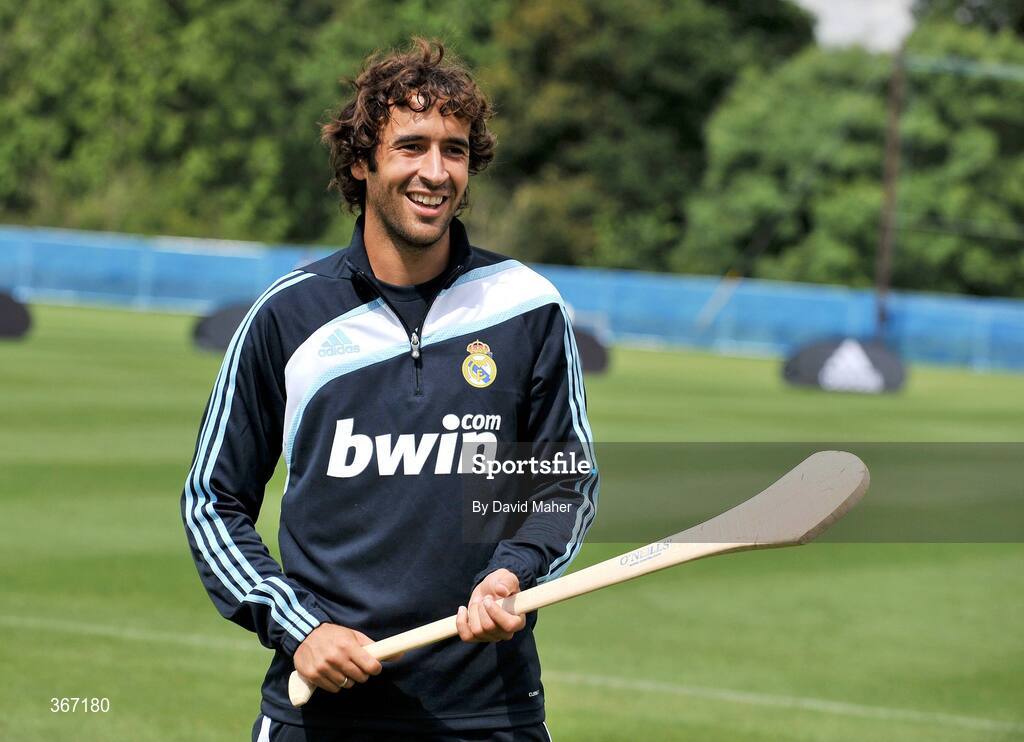 19 July 2009; Real Madrid's Raul practices his hurling skills during a special training session run by adidas and Lifestyle Sports. Real Madrid pre-season squad training, Carton House, Maynooth, Co. Kildare. Picture credit: David Maher / SPORTSFILE