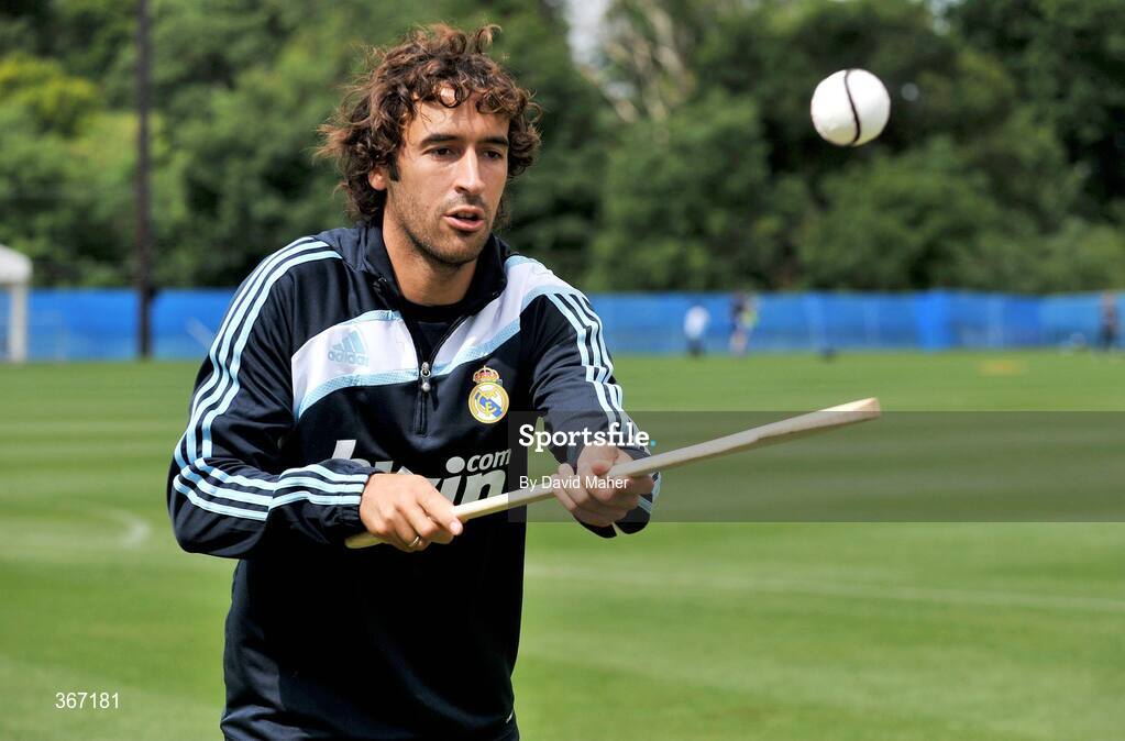 19 July 2009; Real Madrid's Raul practices his hurling skills during a special training session run by adidas and Lifestyle Sports. Real Madrid pre-season squad training, Carton House, Maynooth, Co. Kildare. Picture credit: David Maher / SPORTSFILE