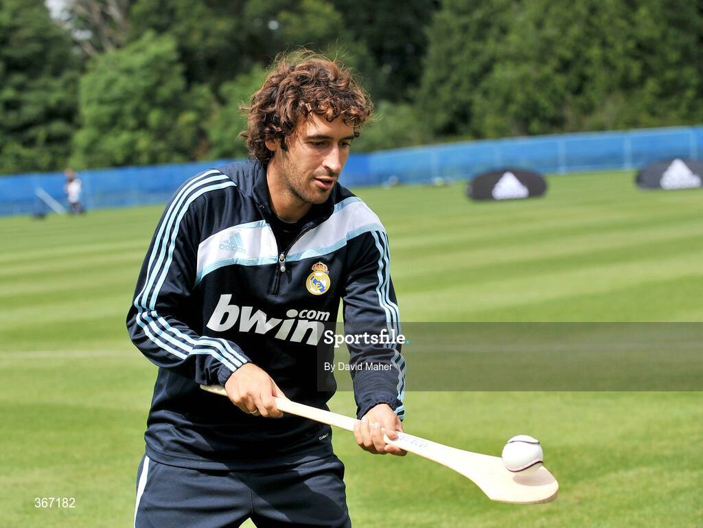 19 July 2009; Real Madrid's Raul practices his hurling skills during a special training session run by adidas and Lifestyle Sports. Real Madrid pre-season squad training, Carton House, Maynooth, Co. Kildare. Picture credit: David Maher / SPORTSFILE