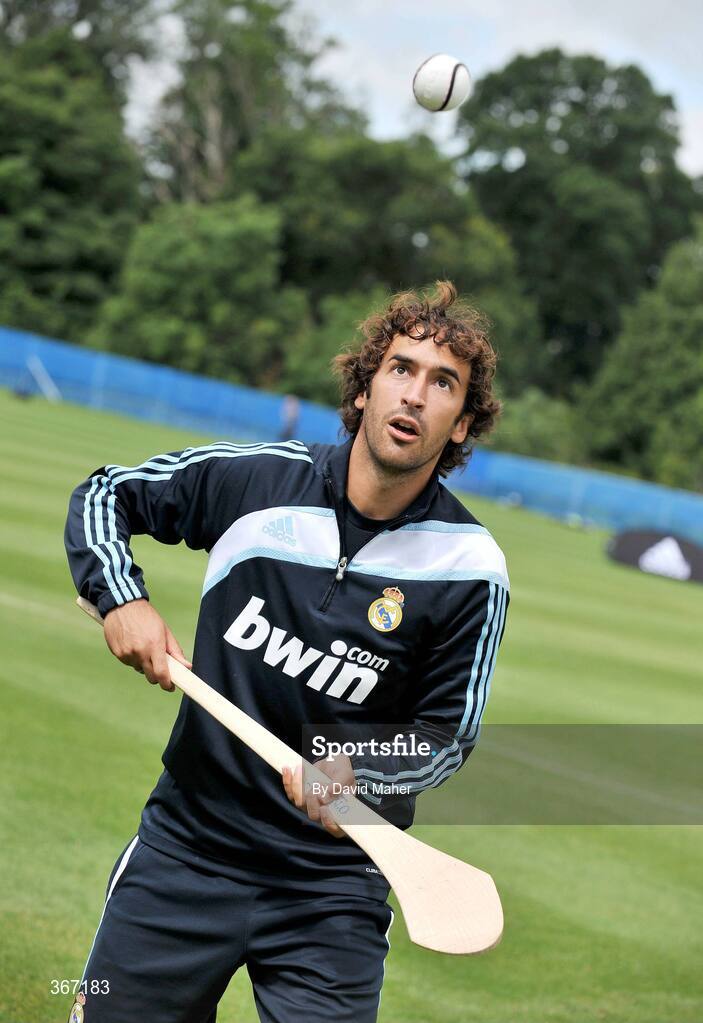 19 July 2009; Real Madrid's Raul practices his hurling skills during a special training session run by adidas and Lifestyle Sports. Real Madrid pre-season squad training, Carton House, Maynooth, Co. Kildare. Picture credit: David Maher / SPORTSFILE